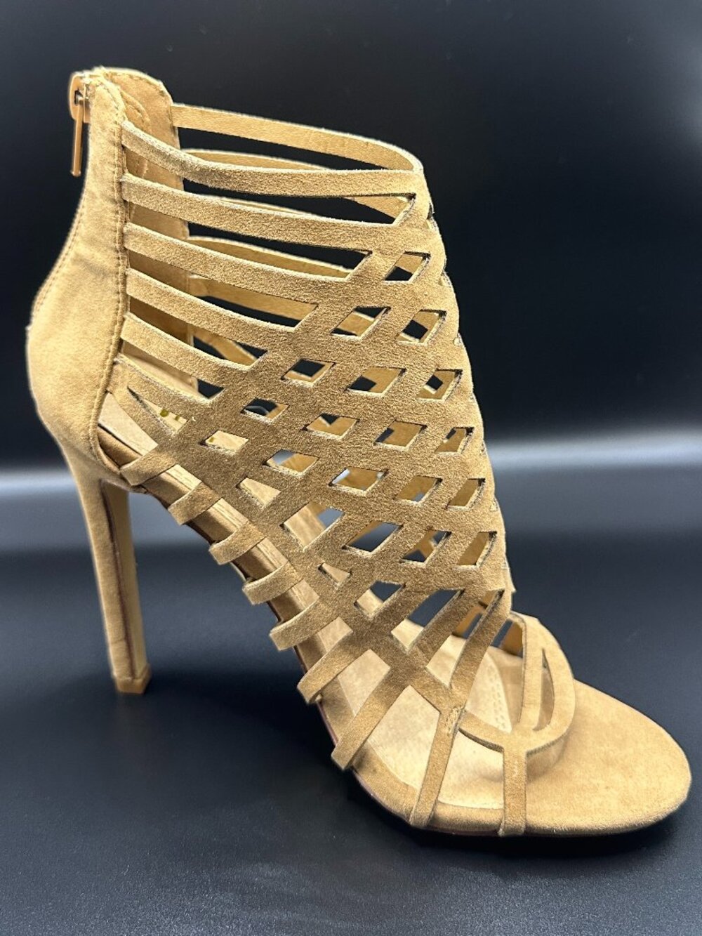 Olivia Jaymes Tan Suede Cage Stiletto Heel Ankle Booties Open Toe 7 Femenine